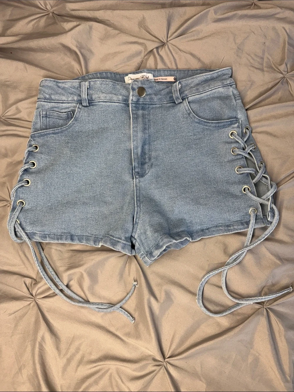 Denim Blvd  Light Blue Denim Shorts with Side Lace-Up Detail - Size M (15” waist